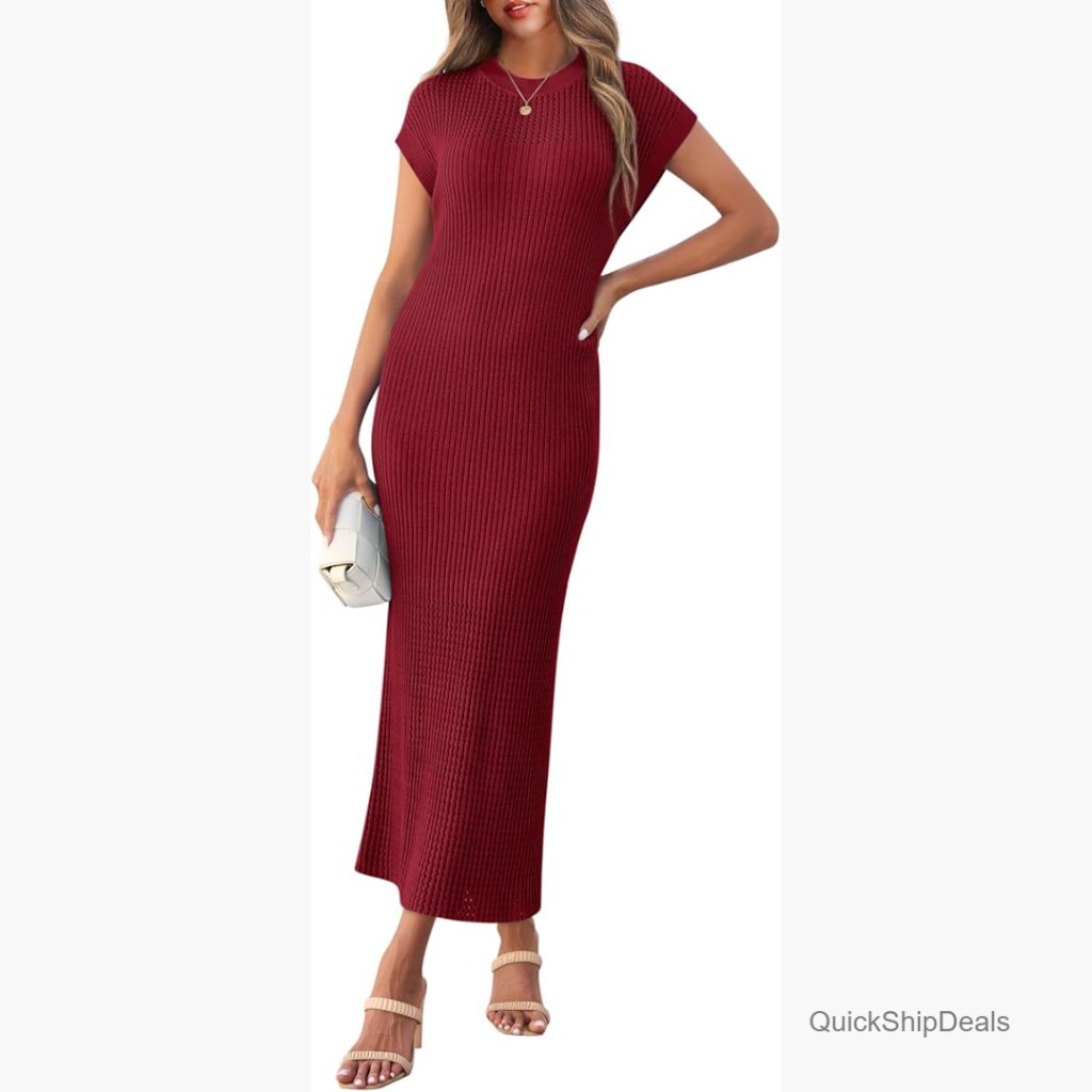 Ribbed Knit Maxi Dress With Cap Sleeves And Crewneck